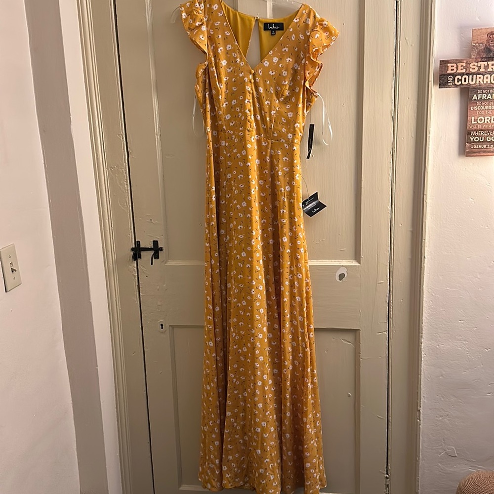 Lulu’s Fresh Picked Mustard Yellow Floral Print Backless Maxi Dress